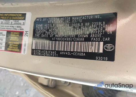 2011 Toyota Camry Hybrid from USA, damaged, VIN 4T1BB3EK8BU129688